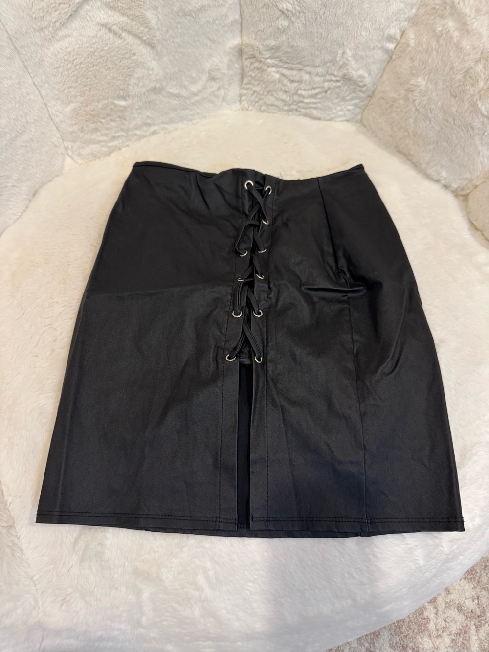 Windsor Black Faux Leather Mini Skirt with Front Lace-Up